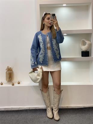 Tasarım Nakışlı Kot Ceket 
