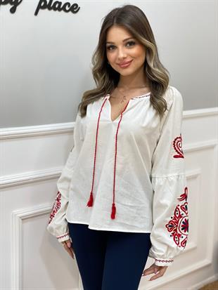 Tasarım Önü Bağlamalı Kırmızı Nakış Detaylı Bluz