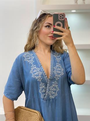 Tasarım Özel İşlemeli Detay Salaş Model  Jean Elbise