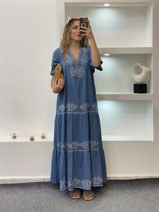 Tasarım Özel İşlemeli Detay Salaş Model  Jean Elbise