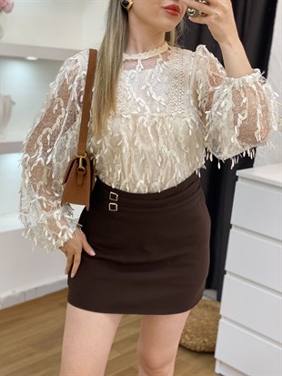 Tasarım Özel Seri Bej Güpürlü Bluz