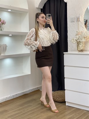 Tasarım Özel Seri Bej Güpürlü Bluz