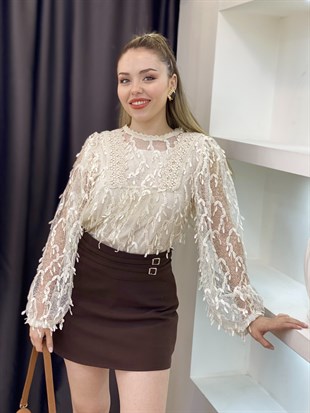 Tasarım Özel Seri Bej Güpürlü Bluz