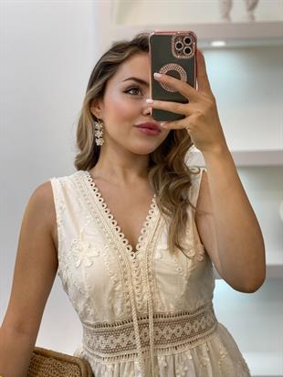 Tasarım Özel Seri Bej Renk Fistolu Elbise