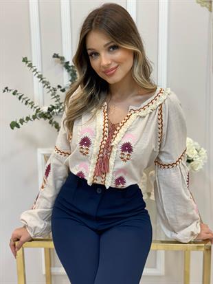 Tasarım Pembe Nakışlı Önü Bağlamalı Bluz