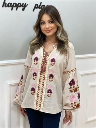 Tasarım Pembe Nakışlı Önü Bağlamalı Bluz