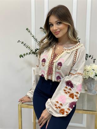 Tasarım Pembe Nakışlı Önü Bağlamalı Bluz