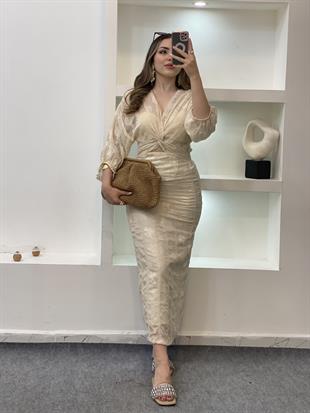 Tasarım Premium Kalite Bej Nakışlı Mini Dekolteli Elbise