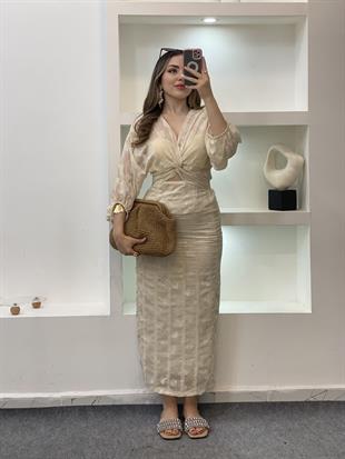 Tasarım Premium Kalite Bej Nakışlı Mini Dekolteli Elbise