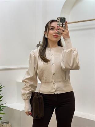 Tasarım Sedef Düğmeli Kolları Poplin Elit Triko Hırka 
