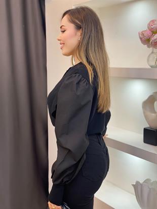 Tasarım Sedef Düğmeli Siyah Kolları Poplin Elit Triko Hırka 
