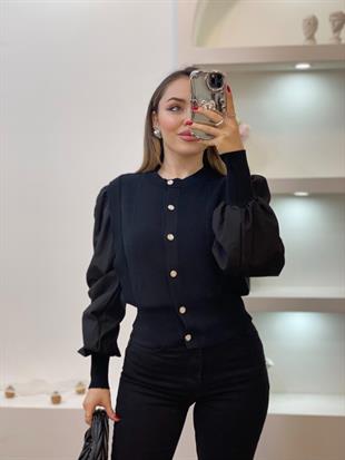Tasarım Sedef Düğmeli Siyah Kolları Poplin Elit Triko Hırka 