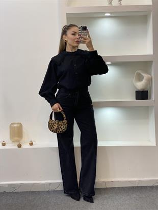 Tasarım Siyah Nakışlı Vintage Gömlek 