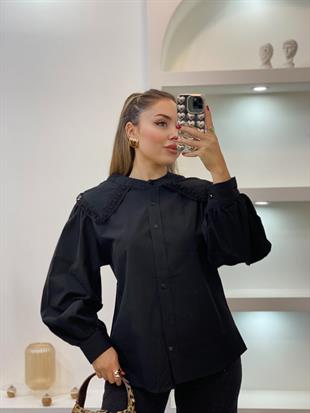 Tasarım Siyah Nakışlı Vintage Gömlek 