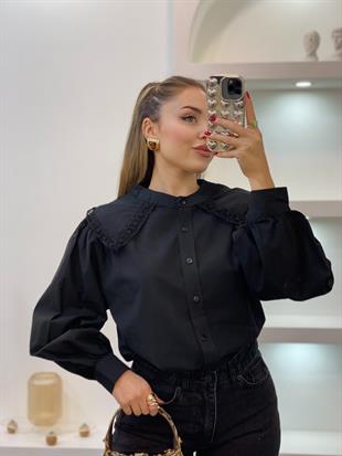 Tasarım Siyah Nakışlı Vintage Gömlek 