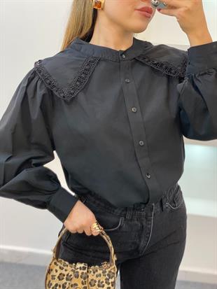 Tasarım Siyah Nakışlı Vintage Gömlek 