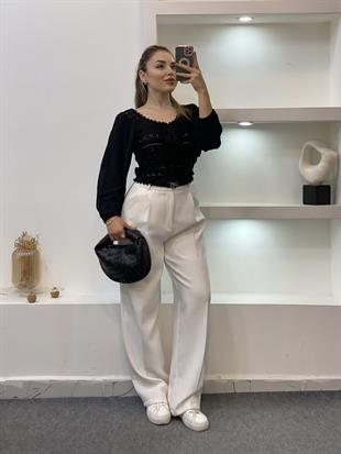Tasarım Siyah Önü Bağlamalı Model Dantel Bluz 