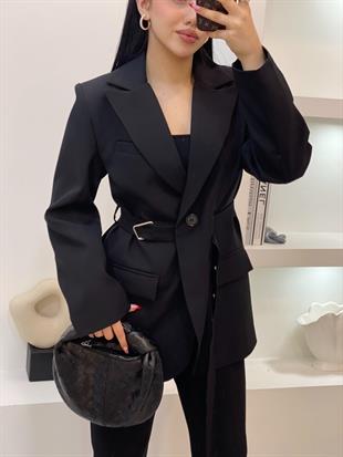 Tasarım Siyah Oversize Beli Kemerli Blazer Ceket