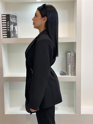 Tasarım Siyah Oversize Beli Kemerli Blazer Ceket