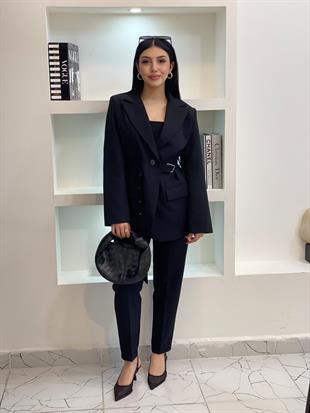 Tasarım Siyah Oversize Beli Kemerli Blazer Ceket