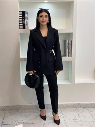 Tasarım Siyah Oversize Beli Kemerli Blazer Ceket