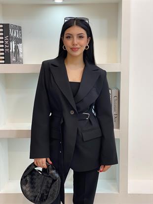 Tasarım Siyah Oversize Beli Kemerli Blazer Ceket
