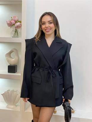 Tasarım Siyah Oversize Beli Kuşaklı Blazer Ceket