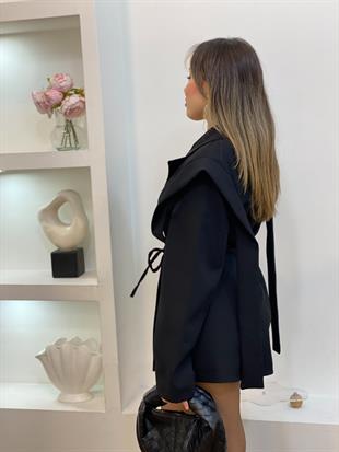 Tasarım Siyah Oversize Beli Kuşaklı Blazer Ceket