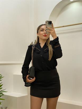Tasarım Siyah Renk Volanlı Gömlek 