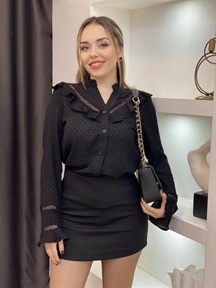 Tasarım Siyah Renk Volanlı Gömlek 