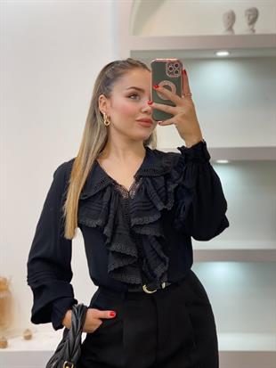 Tasarım Siyah V Yaka Önü Volanlı  Bluz 