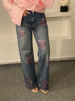 Tasarım Taşlı Gül Detaylı Palazzo Jean 