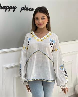 Tasarım V Yaka Nakışlı Bluz