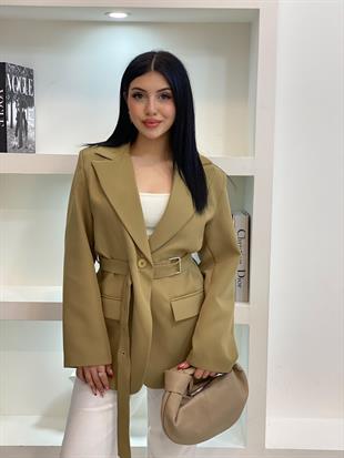 Tasarım Yağ Yeşili Oversize Beli Kemerli Blazer Ceket