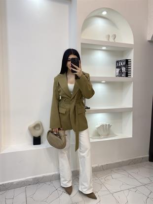 Tasarım Yağ Yeşili Oversize Beli Kemerli Blazer Ceket
