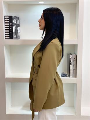 Tasarım Yağ Yeşili Oversize Beli Kemerli Blazer Ceket