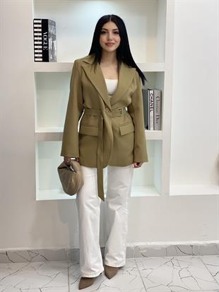 Tasarım Yağ Yeşili Oversize Beli Kemerli Blazer Ceket