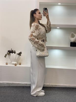 Tasarım Yaprak Desen Bej Dantel Bluz 