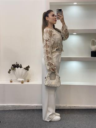 Tasarım Yaprak Desen Bej Dantel Bluz 