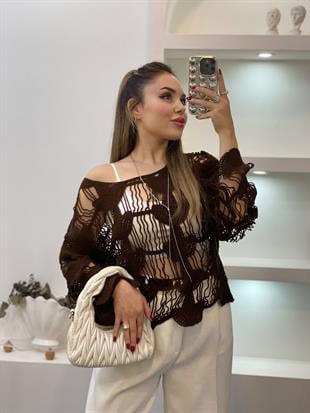 Tasarım Yaprak Desen Kahve Dantel Bluz 