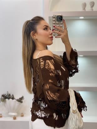 Tasarım Yaprak Desen Kahve Dantel Bluz 
