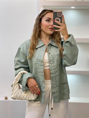Tasarım Yeşil Gabardin Nakışlı Ceket 