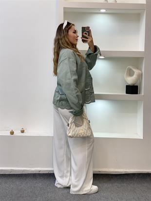 Tasarım Yeşil Gabardin Nakışlı Ceket 