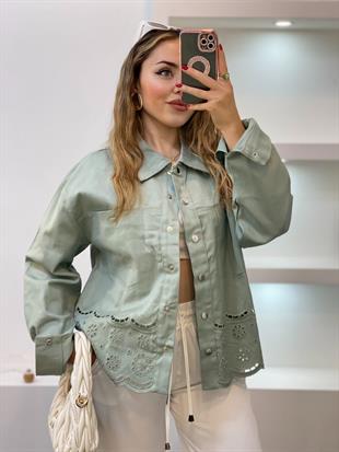 Tasarım Yeşil Gabardin Nakışlı Ceket 