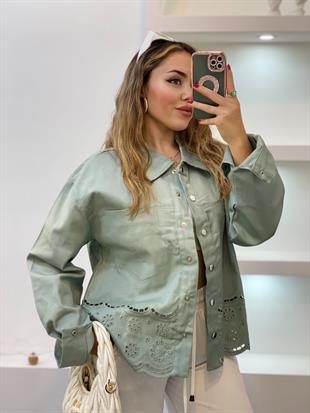 Tasarım Yeşil Gabardin Nakışlı Ceket 