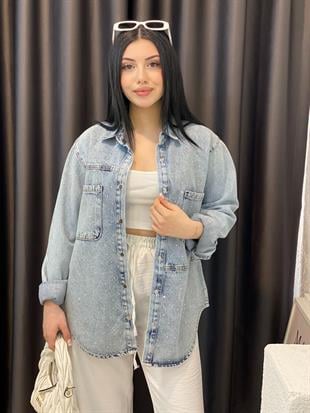 Taşlı Model Buz Mavi Önü Cepli Kot Ceket 