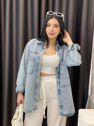 Taşlı Model Buz Mavi Önü Cepli Kot Ceket 