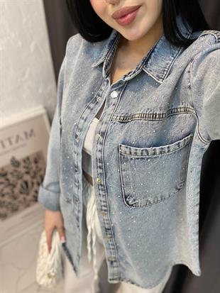 Taşlı Model Buz Mavi Önü Cepli Kot Ceket 