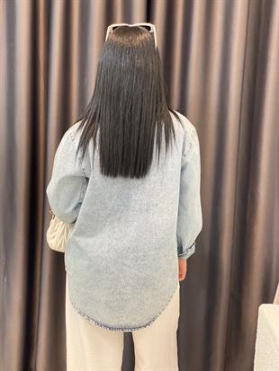 Taşlı Model Buz Mavi Önü Cepli Kot Ceket 