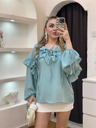 Turkuaz Renk Lüx Kalite Yaka Volanlı Bluz